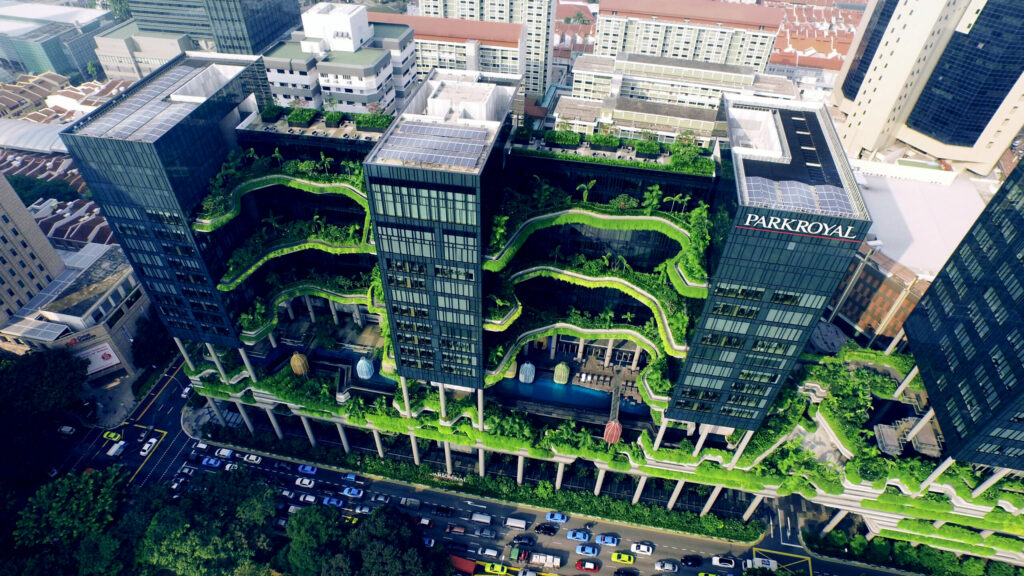 The ParkRoyal hotel in Singapore's green building reduces cooling needs.