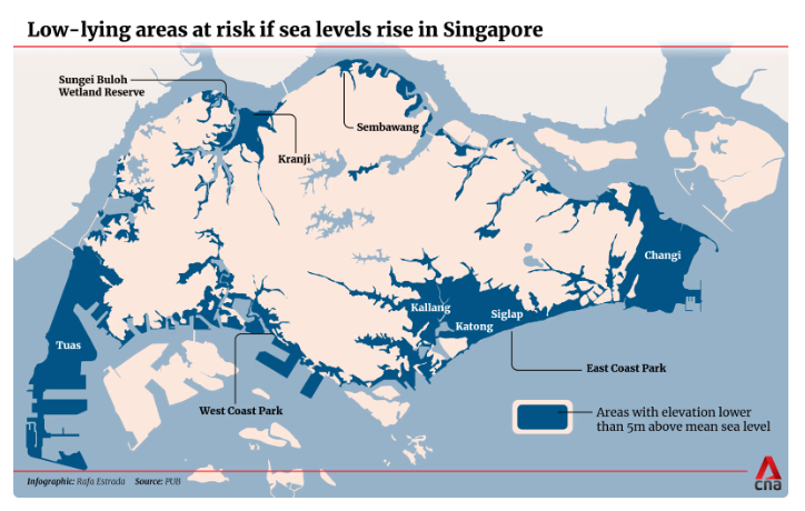 Map of areas that less than 5 metres above sea level in Singapore