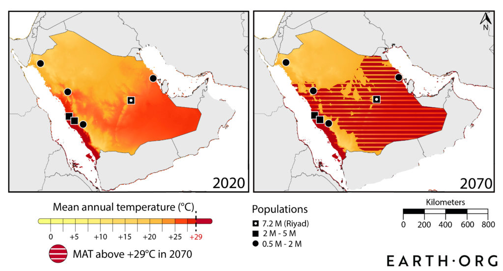 Map of rising temperatures in Saudi Arabia.