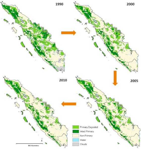 A map of deforestation in Sumatra, 1990 to 2010