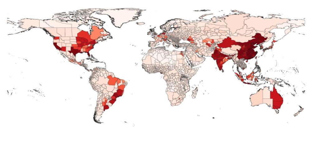 A Global Picture of 2,600+ Territories, Showing Areas with Higher Aggregated Damage Ratio in 2050,