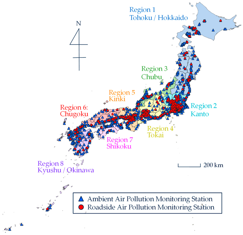 Air quality monitoring station map for Japan