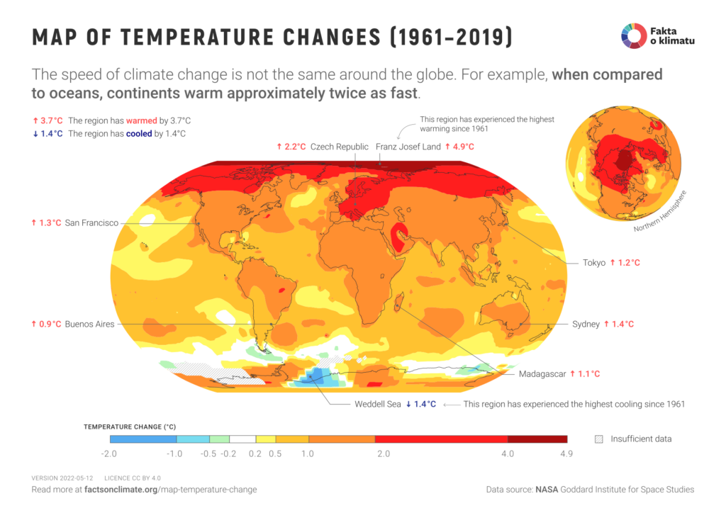 Map of global temperature change between 1961 and 2019